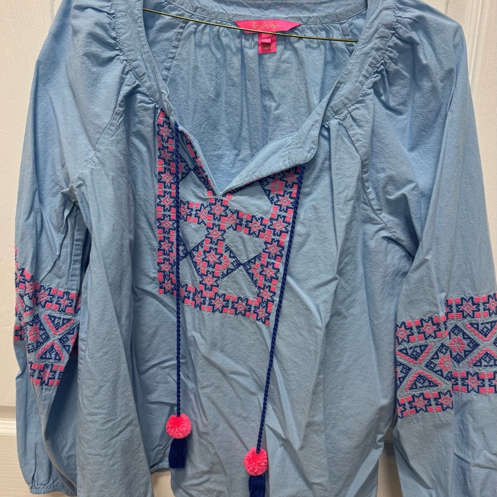 Lilly Pulitzer Blue Tunic with Pink Embroidery